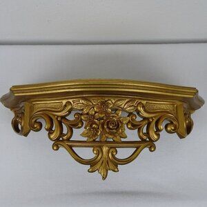 Vintage Gold Wall Shelf Wood Resin Large Gold Gilt Ornate 1960s Flowers Made USA
